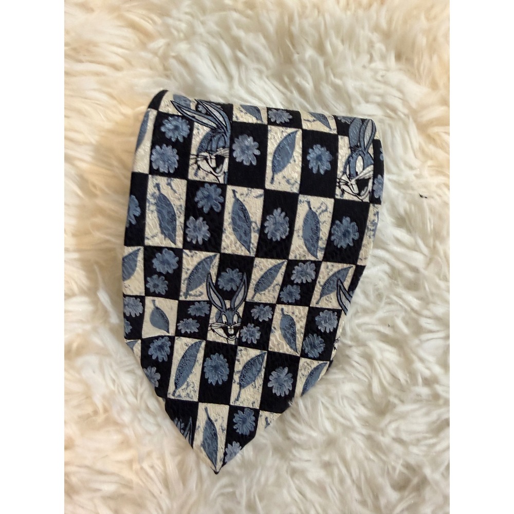 Looney Tunes Mania Bugs Bunny Silk Tie Blue ‎ Mens Checkered Floral Vintage 1995